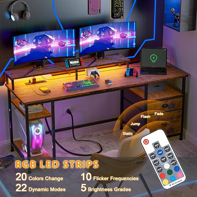 Furologee 61" Computer Desk with Power Outlet and USB Ports, Large Desk with Shelves and Drawer, Writing Study Desk with Fabric File Cabinet and Long Monitor Stand, Gaming Desk for Home Office - LeafyLoom