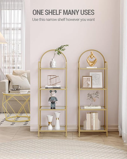 Bookcase Bookshelf, Tempered Glass Bookshelves, Slim Shelving Unit for Bedroom, Bathroom, Home Office, Steel Frame, 4 Tier Gold BC04001G - LeafyLoom