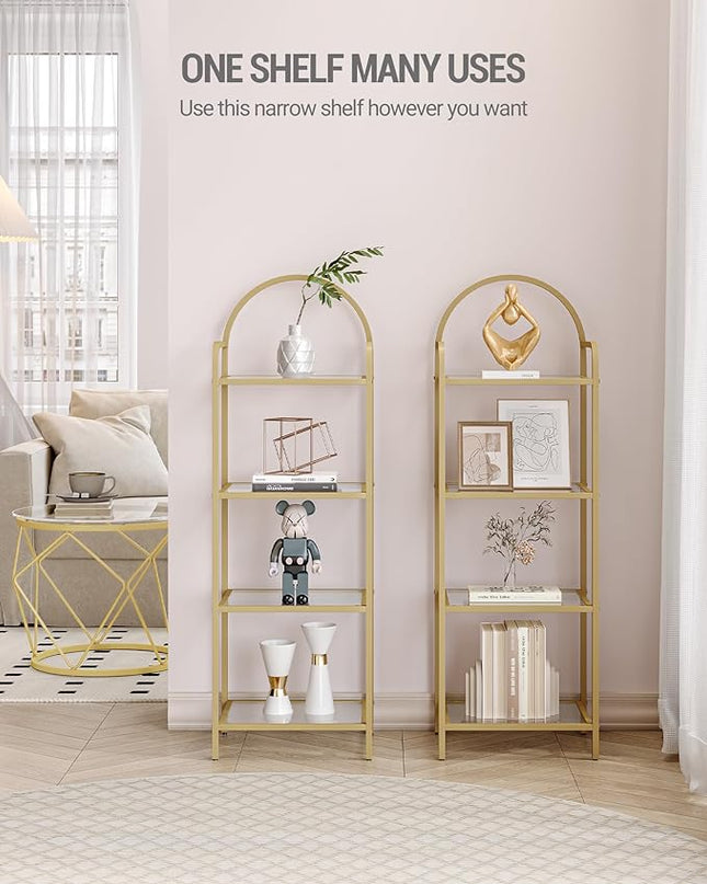 Bookcase Bookshelf, Tempered Glass Bookshelves, Slim Shelving Unit for Bedroom, Bathroom, Home Office, Steel Frame, 4 Tier Gold BC04001G - LeafyLoom