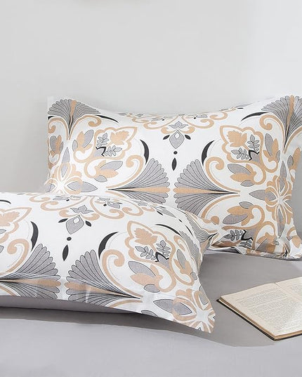 EMME Queen Comforter Set - Grey White Floral Bedding Set 7 PCS with Geometric Flowers Pattern, Soft Plant Printed Botanical Bed Set with Sheets, Fluffy Bed Bag for All Season(90"X90") - LeafyLoom