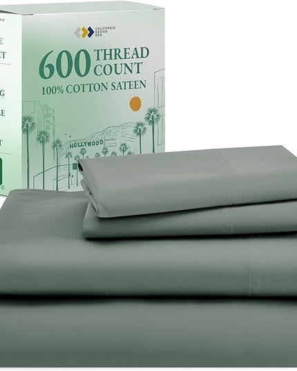 California Design Den - Luxury Full Size Sheet Set - 100% Cotton, 600 Thread Count Deep Pocket Full Size Bed Sheets, Hotel-Quality Cooling Sheets with Sateen Weave - Sage Green - LeafyLoom