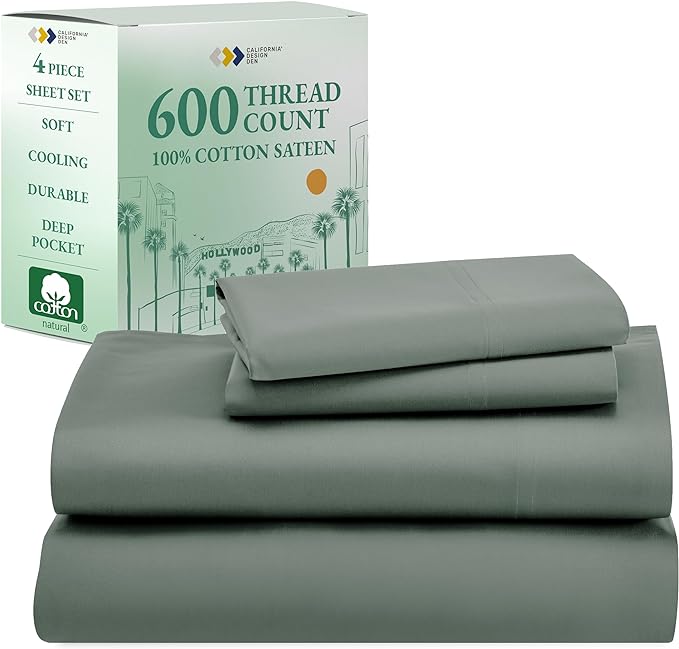 California Design Den - Luxury Full Size Sheet Set - 100% Cotton, 600 Thread Count Deep Pocket Full Size Bed Sheets, Hotel-Quality Cooling Sheets with Sateen Weave - Sage Green - LeafyLoom