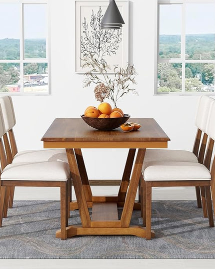 NicBex Small Dining Table Set for 4 Kitchen Table Set 5-Piece Dining Table Set with 4 Upholstered Chairs, 59-inch Rectangular Dining Table with Trestle Table Base, Walnut - LeafyLoom