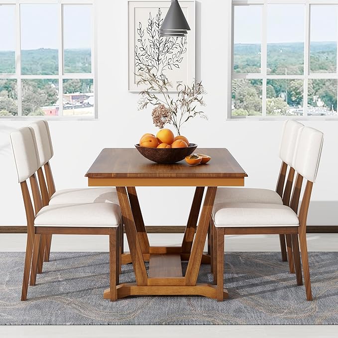 NicBex Small Dining Table Set for 4 Kitchen Table Set 5-Piece Dining Table Set with 4 Upholstered Chairs, 59-inch Rectangular Dining Table with Trestle Table Base, Walnut - LeafyLoom