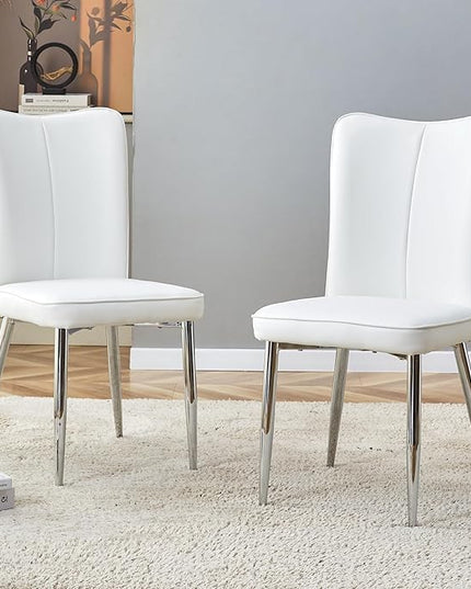 Modern Dining Chairs Set of 2, PU Leather Seat Cushions White Dining Room Chair, with Silver Metal Legs Kitchen Chair for Home Living Room, Restaurant, White Chair Silver Legs - LeafyLoom