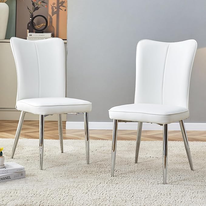 Modern Dining Chairs Set of 2, PU Leather Seat Cushions White Dining Room Chair, with Silver Metal Legs Kitchen Chair for Home Living Room, Restaurant, White Chair Silver Legs - LeafyLoom