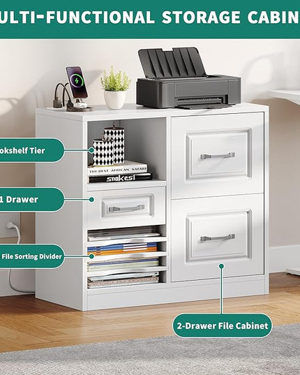 YITAHOME 3 Drawer File Cabinet, Filing Cabinet with Charging Station, Printer Stand with Open Storage Shelves, Fits for A4, Letter, Legal Size Files, White - LeafyLoom