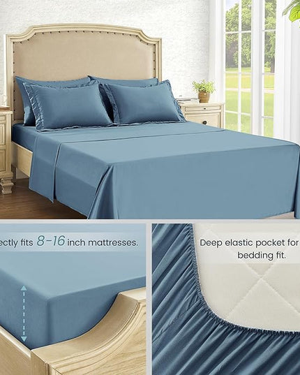 Queen Bed in a Bag 7 Pieces Comforter Set Queen, Wood Grain Texture Bedding Comforter Set Blue Bed Set with Comforter, Pillowcases, Flat Sheet, Fitted Sheet and Pillow Shams - LeafyLoom