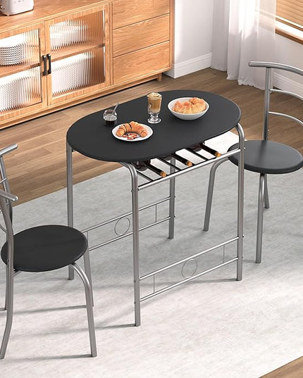 VECELO 3-Piece Dining Table Set for Kitchen Breakfast Nook, Wood Grain Oval Tabletop and Metal Frame with Built-in Wine Rack, for Small Spaces, 31.5", Black and Silver - LeafyLoom