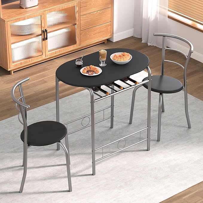VECELO 3-Piece Dining Table Set for Kitchen Breakfast Nook, Wood Grain Oval Tabletop and Metal Frame with Built-in Wine Rack, for Small Spaces, 31.5", Black and Silver - LeafyLoom