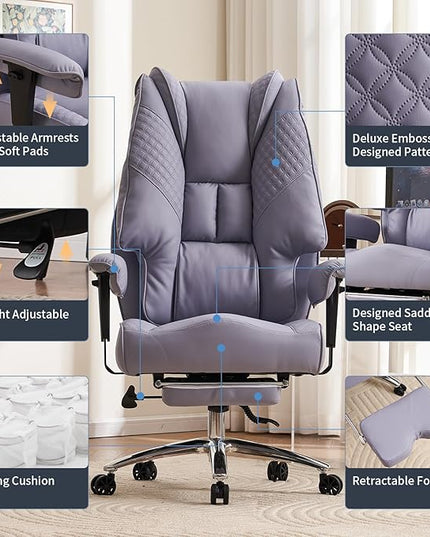 Big and Tall Office Chair 400lbs Wide Seat, Leather High Back Executive Office Chair with Foot Rest, Ergonomic Office Chair Lumbar Support for Lower Back Pain Relief (Light Purple) - LeafyLoom
