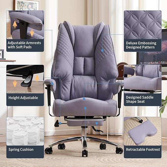 Big and Tall Office Chair 400lbs Wide Seat, Leather High Back Executive Office Chair with Foot Rest, Ergonomic Office Chair Lumbar Support for Lower Back Pain Relief (Light Purple) - LeafyLoom