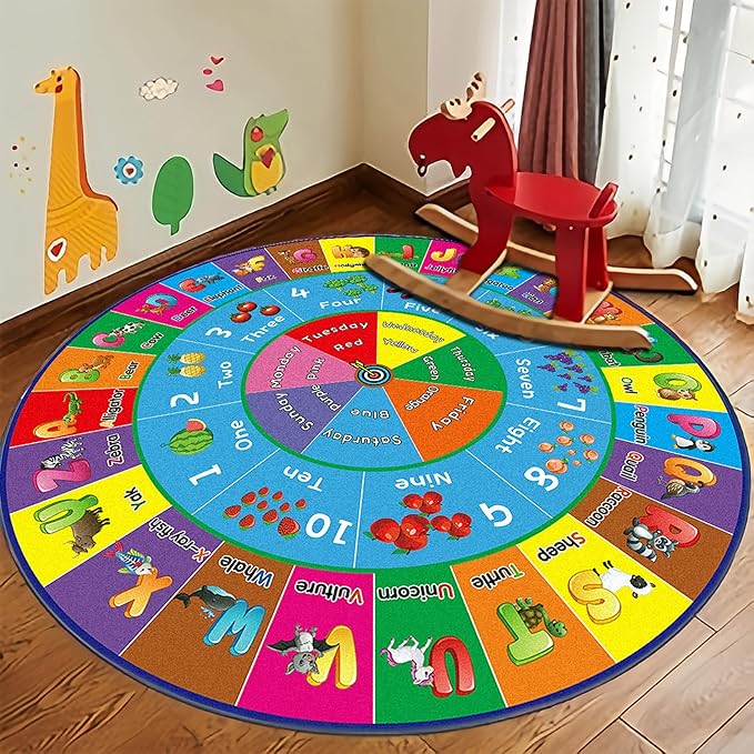 ABC Rug, ABC Play Mat for Kids Playroom, Round Alphabet Floor Mat,Classroom Elementary Preschool Rugs wtih ABC, Numbers, Animals - 47inch - LeafyLoom
