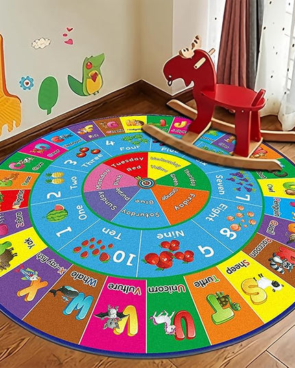 ABC Rug, ABC Play Mat for Kids Playroom, Round Alphabet Floor Mat,Classroom Elementary Preschool Rugs wtih ABC, Numbers, Animals - 63inch - LeafyLoom