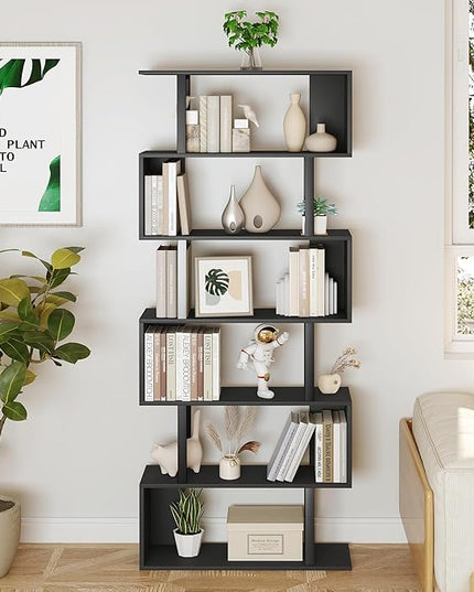 Yusong S Shaped Bookshelf, Modern Geometric Bookcase, 6-Tier Black Display Case Book Shelf - LeafyLoom