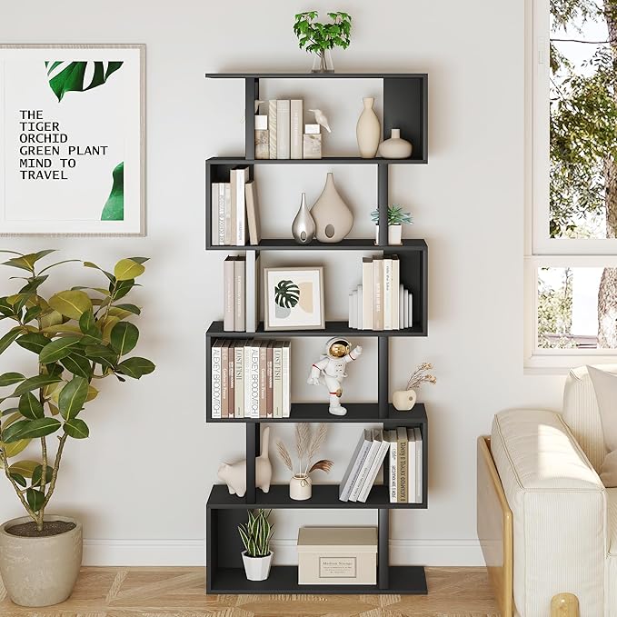 Yusong S Shaped Bookshelf, Modern Geometric Bookcase, 6-Tier Black Display Case Book Shelf - LeafyLoom