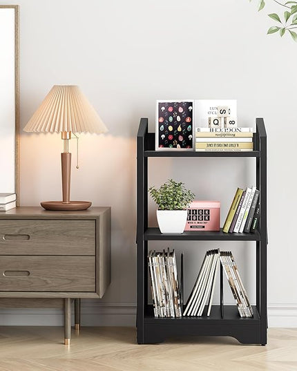 Vagusicc 3 Tier Bookshelf, Small Book Shelf Industrial Bookshelf, Wood Short Book Shelf Office Shelves with Metal Frame, Black Open Shelf Storage Organizer Bookcase for Living Room Bedroom, Black - LeafyLoom
