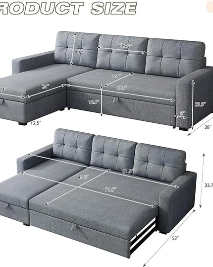 Upholstered Sectional Storage Chaise and Pull, L-Shape Convertible Corner Couch, Reversible Sleeper Sofa-Bed,W/ 3 Back Cushions,for Living Room,Office,(Light Grey), 81.5" - LeafyLoom
