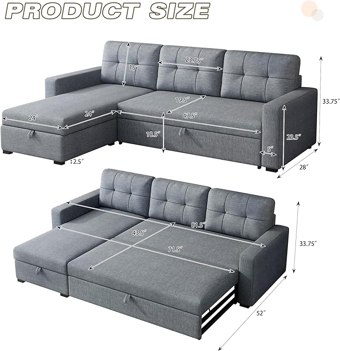 81.5" Sectional Sleeper Sofa with Storage Chaise, L Shaped Pull Out Couch Bed with 3 Removable Back Cushion for Living Room,Apartment,Office,Light Grey - LeafyLoom