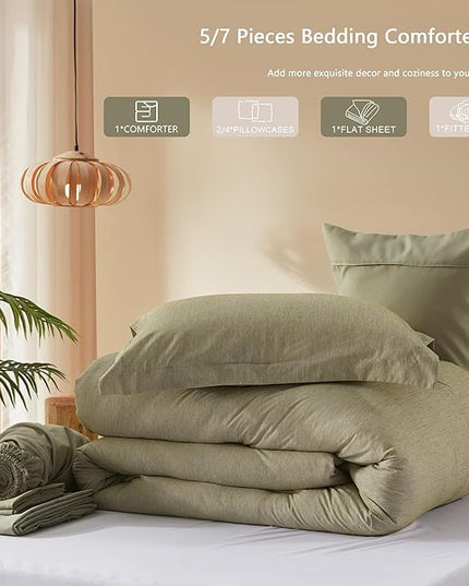 UNILIBRA Full Size Comforter Set - 7 Pieces Bed in a Bag Full Size Olive Green Soft for All Seasons-Cationic Dyeing Bedding Comforter Sets with Comforter, Flat Sheet, Fitted Sheet, Pillowcases & Shams - LeafyLoom