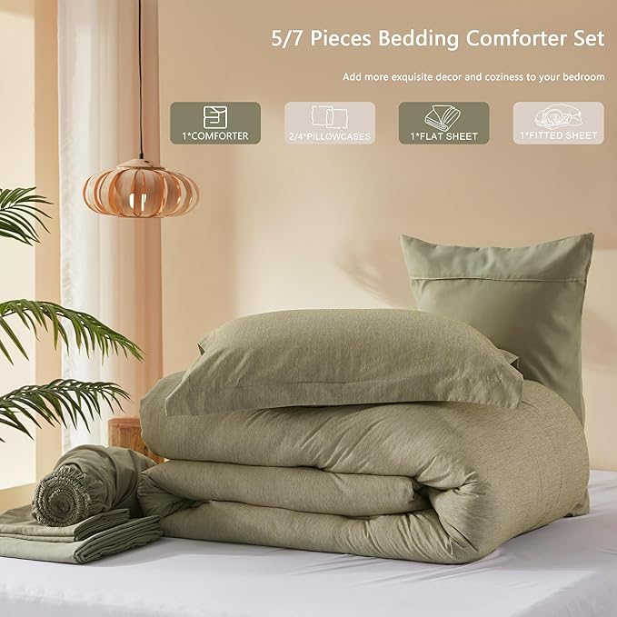 UNILIBRA Full Size Comforter Set - 7 Pieces Bed in a Bag Full Size Olive Green Soft for All Seasons-Cationic Dyeing Bedding Comforter Sets with Comforter, Flat Sheet, Fitted Sheet, Pillowcases & Shams - LeafyLoom