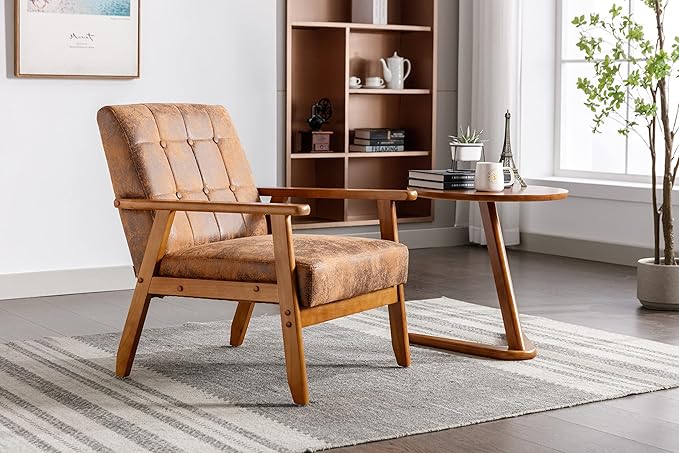 Mid-Century Accent, Modern Single Armchair, Upholstered Leisure Lounge Chair wth Solid Wood Armrest and Feet for Living Room, Bedroom, Office, Coffee - LeafyLoom