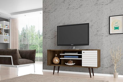 Manhattan Comfort Liberty Mid Century Modern TV Stand for Televisions up to 50 Inches, Bedroom and Living Room Entertainment Center with Storage, Shelves, and Cabinet, 53" Wide, Rustic Brown/White - LeafyLoom