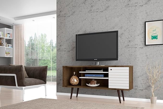 Manhattan Comfort Liberty Mid Century Modern TV Stand for Televisions up to 50 Inches, Bedroom and Living Room Entertainment Center with Storage, Shelves, and Cabinet, 53" Wide, Rustic Brown/White - LeafyLoom