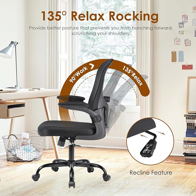 Home Office Chair with Lumbar Support, Ergonomic Design Desk Chair,Recline Feature,Height Adjustable,Space Saving,Black - LeafyLoom