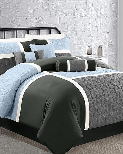 Chezmoi Collection Upland 7-Piece Quilted Patchwork Comforter Set, Gray/Light Blue/Charcoal, California King - LeafyLoom