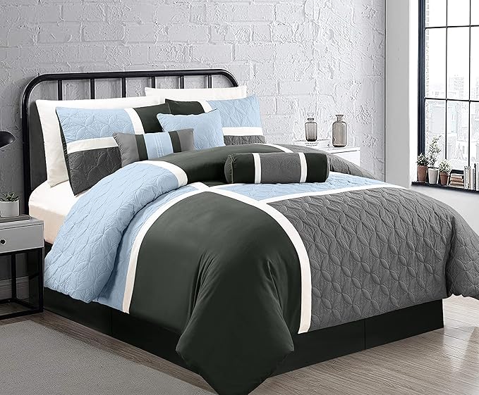 Chezmoi Collection Upland 7-Piece Quilted Patchwork Comforter Set, Gray/Light Blue/Charcoal, California King - LeafyLoom