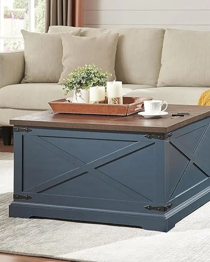 Farmhouse Square Coffee Table with Storage, Wood Center Table with Hinged Lift Top, Rustic Cocktail Table with Large Hidden Storage Compartment for Living Room, Bedroom,Blue - LeafyLoom