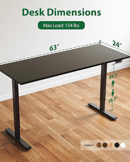 Electric Standing Desk, Large 63 x 24 Inches Height Adjustable Desk, Sit Stand up Desk for Work Office Home, Splice Board, Black - LeafyLoom