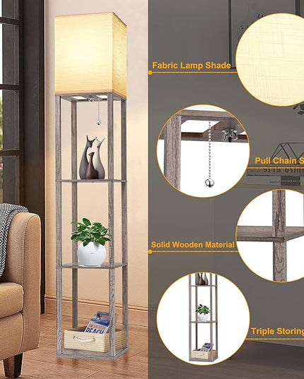 Floor Lamp with Shelves for Living Room Oak Gray, Shelf Floor Lamp with 3 CCT LED Bulb, Corner Display Standing Column Lamp Etagere Organizer Tower Nightstand with White Linen Shade for Bedroom Office - LeafyLoom