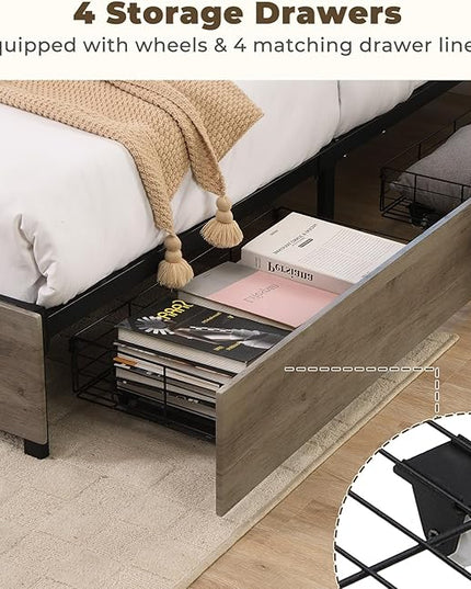 LED Full Bed Frame with 4 Storage Drawers & Charging Station, Platform Metal Bed Frame with Headboard, Noise-Free, No Box Spring Needed, Ancient gray - LeafyLoom