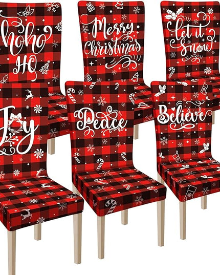 Ganeen 6 Pcs Christmas Chair Covers Merry Christmas Chair Back Cover Stretch Christmas Seat Cover Washable Xmas Dining Chair Protector Slipcover for Dining Room Kitchen Holiday Party(Plaid Style) Ganeen