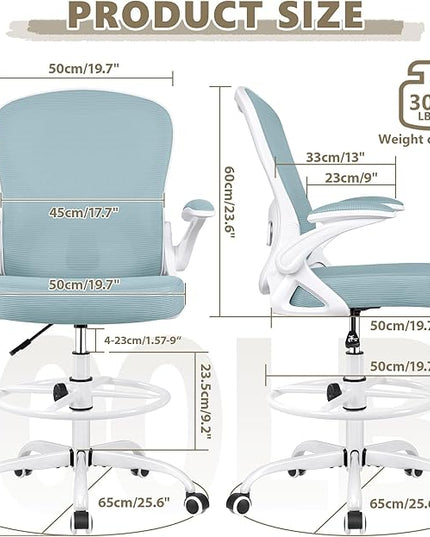 Drafting Chair, Tall Office Chair Ergonomic Standing Desk chair, Lumbar Support Computer Chair Swivel Task Rolling Chair with Adjustable Flip-up Armrests & Foot Ring (Light Blue) - LeafyLoom