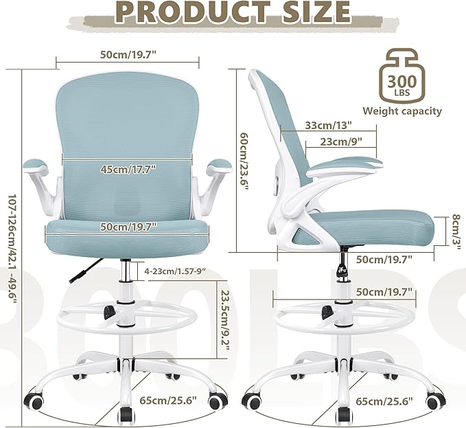 Drafting Chair, Tall Office Chair Ergonomic Standing Desk chair, Lumbar Support Computer Chair Swivel Task Rolling Chair with Adjustable Flip-up Armrests & Foot Ring (Light Blue) - LeafyLoom