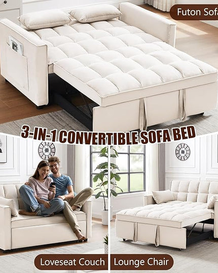 3 in 1 Loveseat Sofa Bed, Pull Out Couch Sleeper with Storage, Full Size Velvet Convertible Chair with 2 Pockets & 2 Pillows for Living Room, White - LeafyLoom