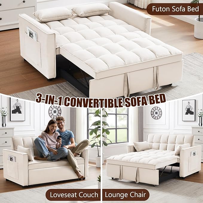 3 in 1 Loveseat Sofa Bed, Pull Out Couch Sleeper with Storage, Full Size Velvet Convertible Chair with 2 Pockets & 2 Pillows for Living Room, White - LeafyLoom