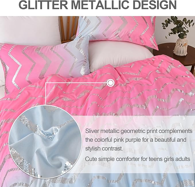 Girls Comforter Set Twin Size Ombre Pink Purple Bedding Rainbow Comforter for Kids Teen Women,3 Pieces (1 Comforter,1 Pillowcase,1 Decorative Pillow Sham) - LeafyLoom