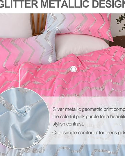 Girls Comforter Set Queen Size Ombre Pink Purple Bedding Colorful Rainbow Comforter for Kids Teen Women,4 Pieces (1 Comforter,2 Pillowcase,1 Decorative Pillow Sham) - LeafyLoom