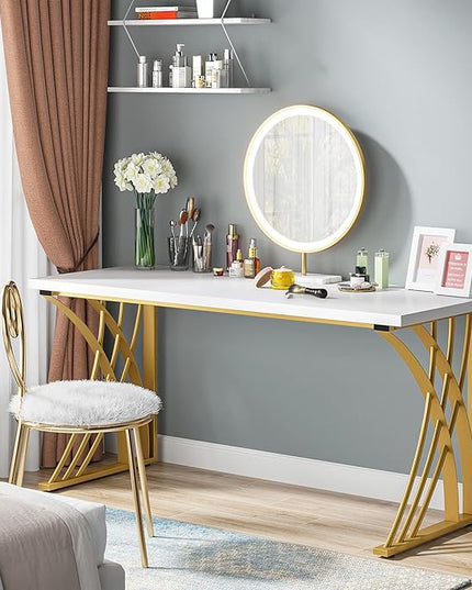 55’’ Large Modern Computer Desk, White & Gold Luxury Laptop PC Student Table, Makeup Vanity Table with Thick Frame & Strong Legs, Sturdy Writing Workstation for Home & Office - LeafyLoom