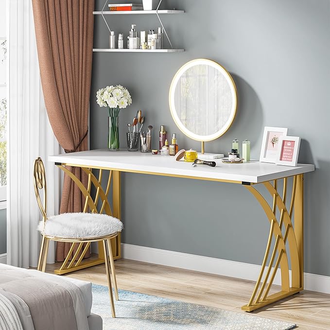 55’’ Large Modern Computer Desk, White & Gold Luxury Laptop PC Student Table, Makeup Vanity Table with Thick Frame & Strong Legs, Sturdy Writing Workstation for Home & Office - LeafyLoom