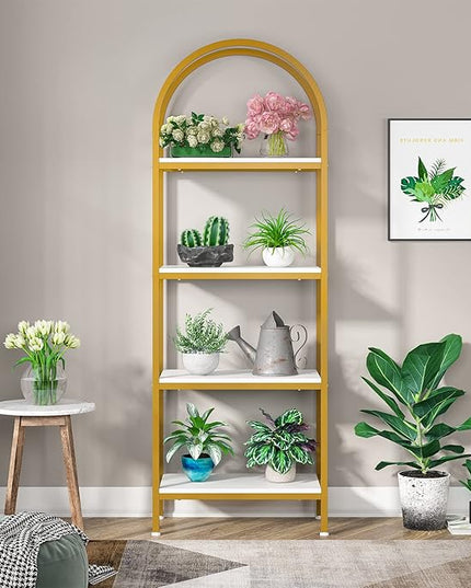 Tribesigns 4-Tier Open Bookshelf, 70.8" Modern Wood Bookcase Storage Shelves with Metal Frame, Freestanding Display Rack Tall Shelving Unit for Office, Bedroom, Living Room (White & Gold, 1PC) - LeafyLoom