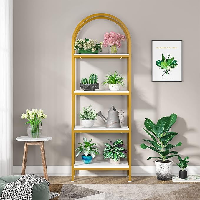 Tribesigns 4-Tier Open Bookshelf, 70.8" Modern Wood Bookcase Storage Shelves with Metal Frame, Freestanding Display Rack Tall Shelving Unit for Office, Bedroom, Living Room (White & Gold, 1PC) - LeafyLoom