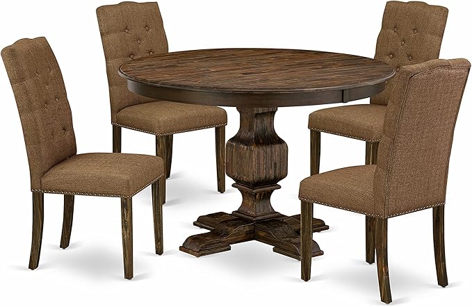 East West Furniture F3EL5-718 Ferris 5 Piece Modern Set Includes a Round Wooden Table with Pedestal and 4 Brown Linen Fabric Parsons Dining Chairs, 48x48 Inch - LeafyLoom