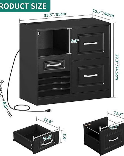 YITAHOME 3 Drawer File Cabinet, Filing Cabinet with Charging Station, Printer Stand with Open Storage Shelves, Fits for A4, Letter, Legal Size Files, Black - LeafyLoom