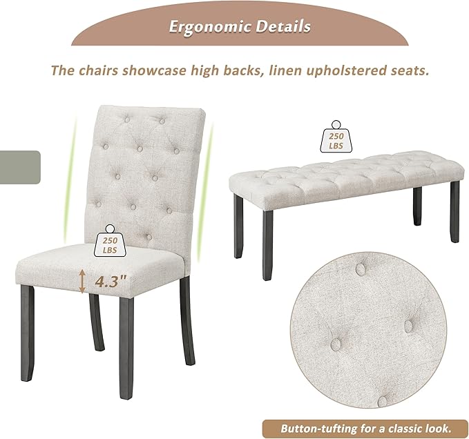 6-Piece Retro Wood Dinette Sets Rectangular Kitchen Dining Table, 4 Upholstered Chairs & Bench, for Diningroom Living Room, Easy to Assemble, Gray 7 - LeafyLoom