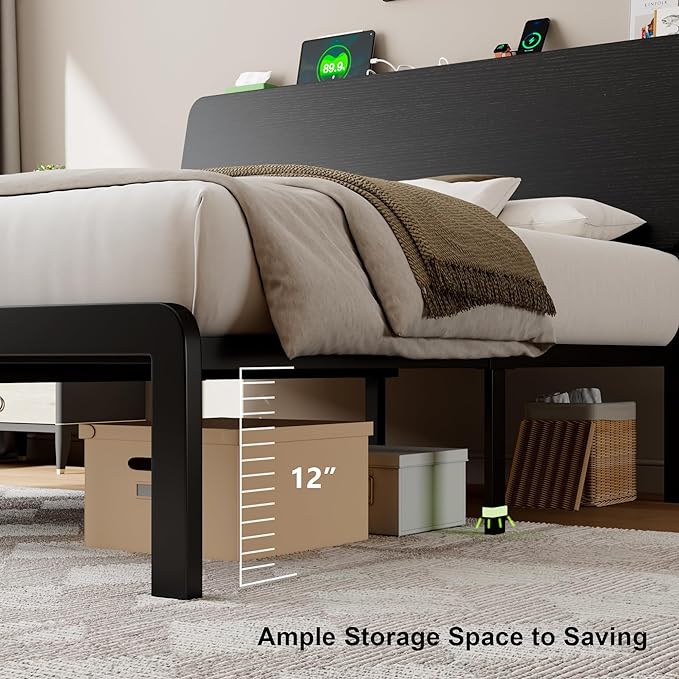 Feonase Queen Size Bed Frame with Ergonomic Storage Headboard & Charging Station, LED Platform Bed Frame, Heavy Duty Metal Slats, No Box Spring Needed, Easy Assembly, Black - LeafyLoom